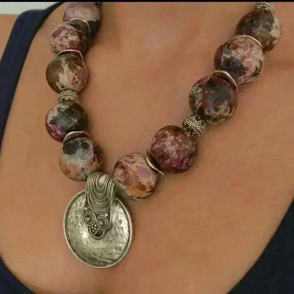 CERAMIC beaded greek statement necklace w/ silver disk pendant - Picture 2 of 7